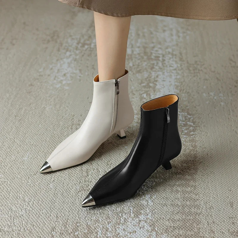 2024 Autumn Modern Women Pointed Toe Thin Heel Retro Ankle Boots High Heels Winter Ladies Shoes White