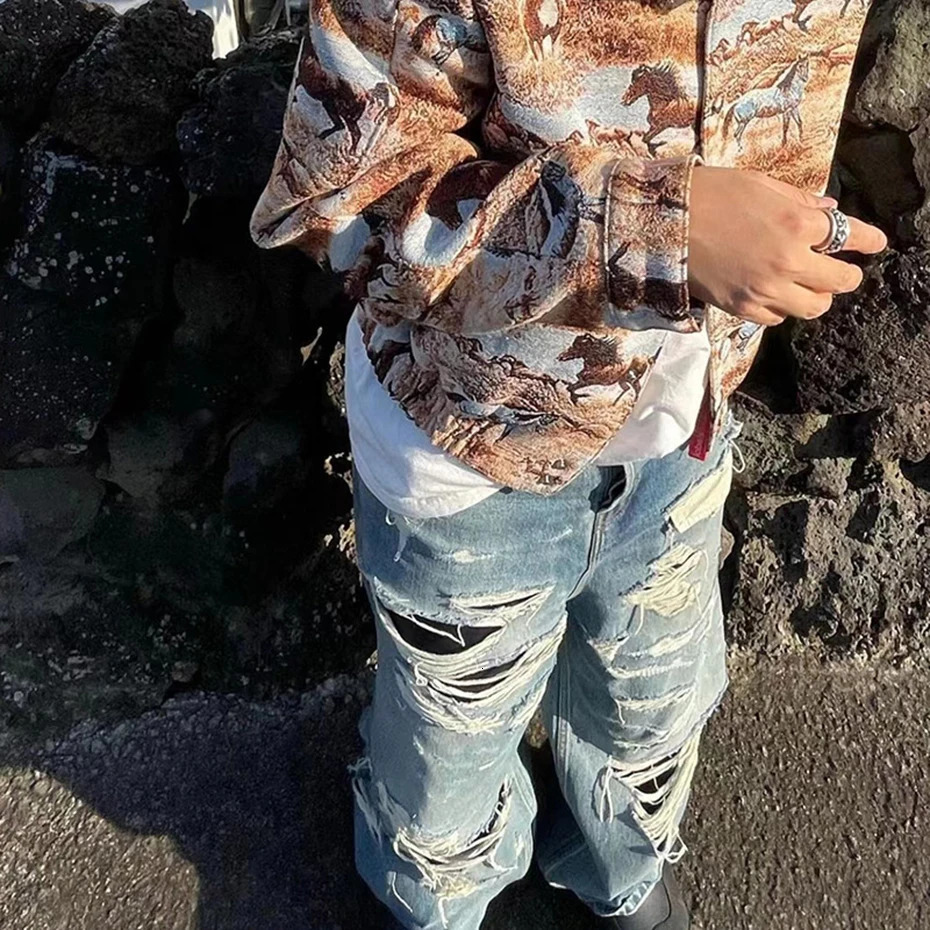 Hip Hop Ripped Jeans Distressed Double Layer Baggy Denim Pants Mens Fashion Streetwear Harajuku Blue 241104