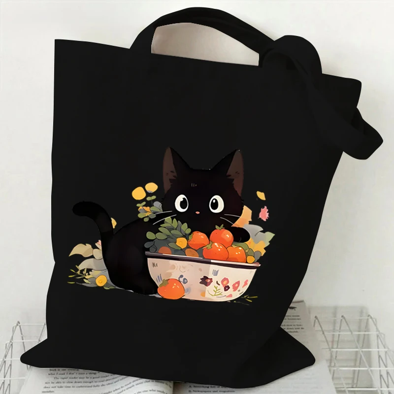 Life Is Better with Cats & Books Canvas Tote Bag Women Cute Cat Shopping Bags Student Literary Book Shoulder Bag Cartoon Handbag