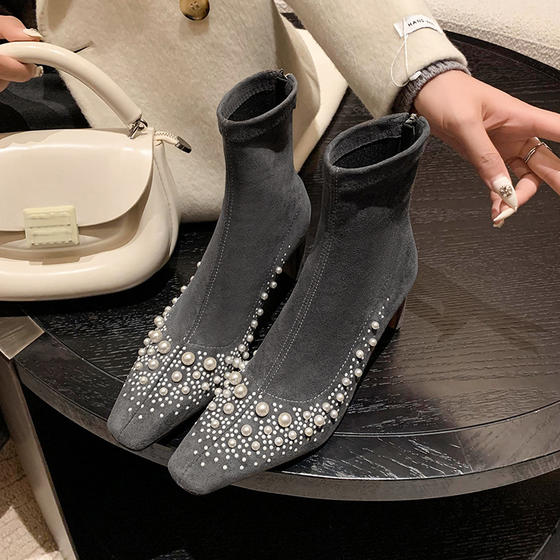 Women's Fashion Boots:Pearl Design High Heels Suede Slim French Square Toe Versatile,Black/Grey,fashion