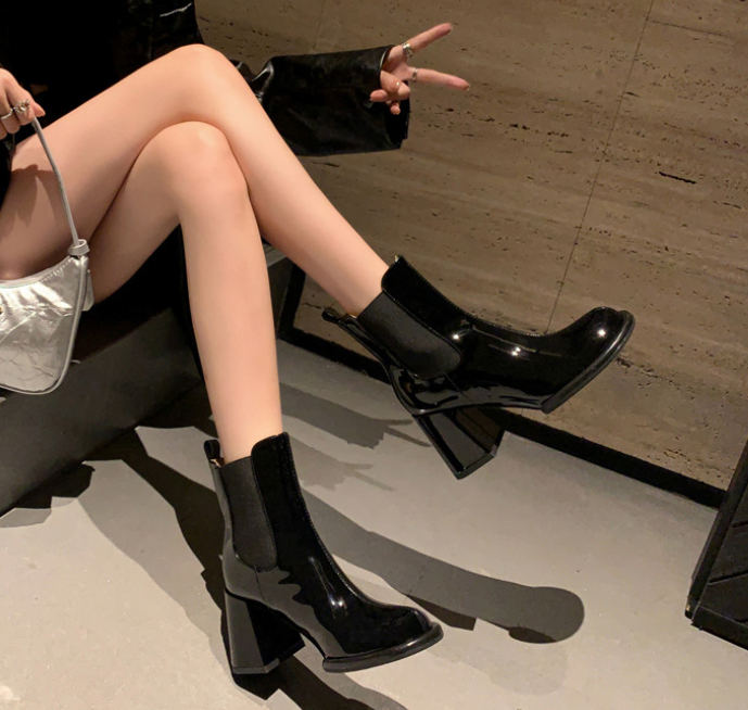 Women's Patent Leather Short Boots: 2024 New Winter Trendy High Heels, Black or Red 0a16