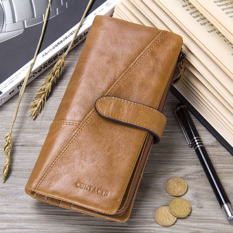 CONTACT'S Retro luxury Genuine Leather Women Men Wallets High Quality Brand Design Zipper Wallet Womens Purses For Card Holders