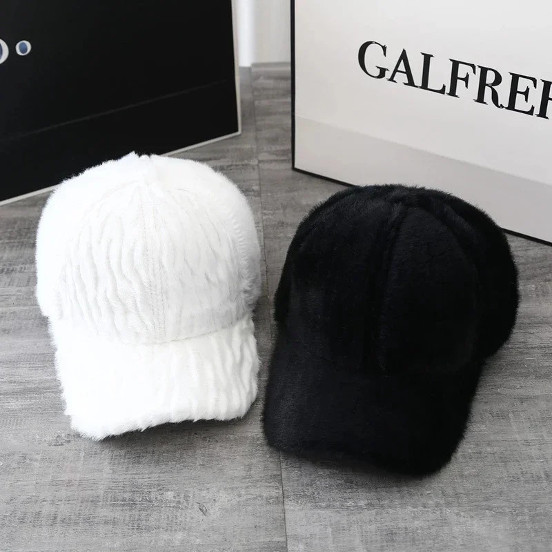 Autumn Womens Winter Rabbit Fur Solid Baseball Hat Womens Cute Thick Plush Adjustable Couple Hat 241107