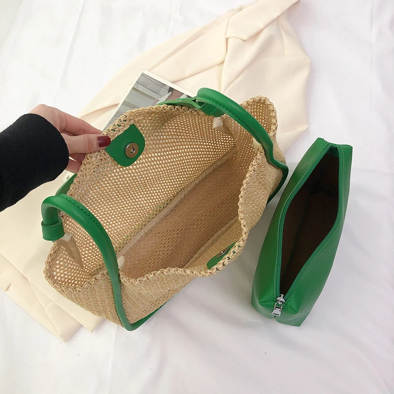 Straw Bag Women Hand-Woven Handbag Quality Leather Shoulder Bags Beach Lager Capacity Shopping Bag Rattan Bucket bolsos 241031