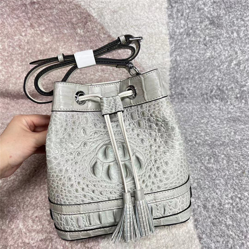 Authentic Alligator Leather Baby Blue Women Small Bucket Purse Genuine Crocodile Skin Lady Tassel Bag Female Cross Shoulder Bag