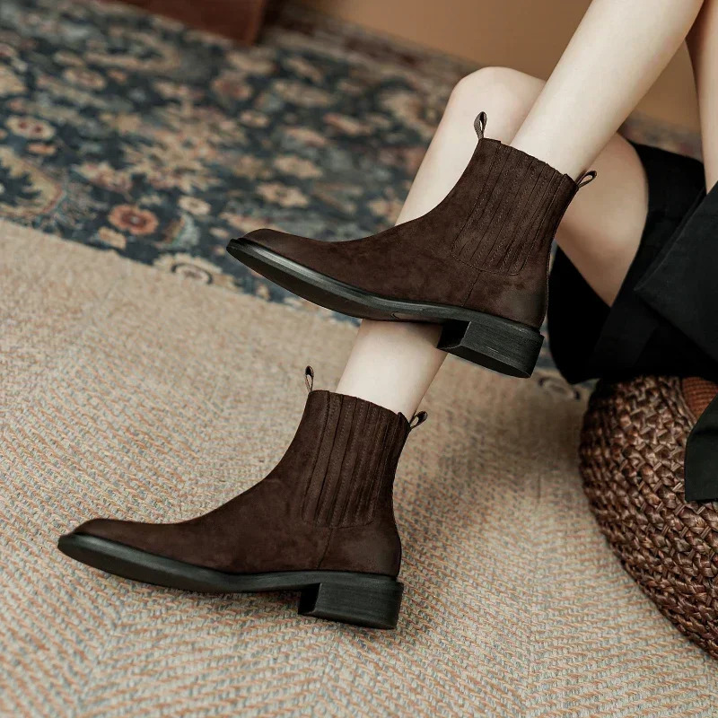 2024 New Autumn Brown Genuine Women Winter Retro Ankle Boots Leather Ladies Shoes