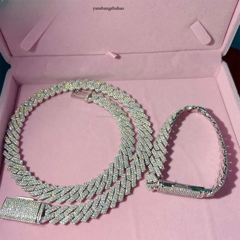 fashion bracelet pass dia hip hop Men and women jewelry vvs stone Shiny 2row womens 14mm sterg sier necklace moissanite cuban chain k