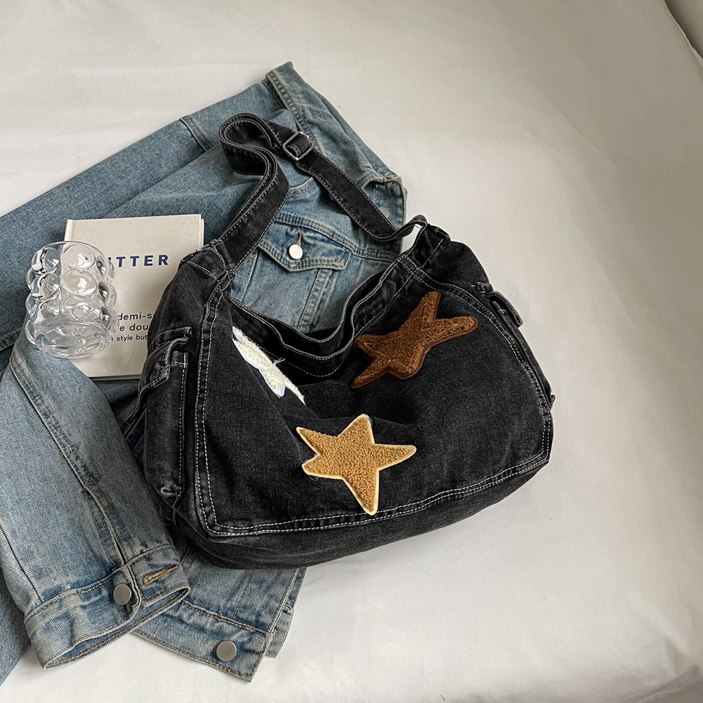 Star Denim Shoulder Bag Multi Pocket Tote Bag Trendy Crossbody Bag Retro Hobo Bag Large Capacity Messenger Bag for Women
