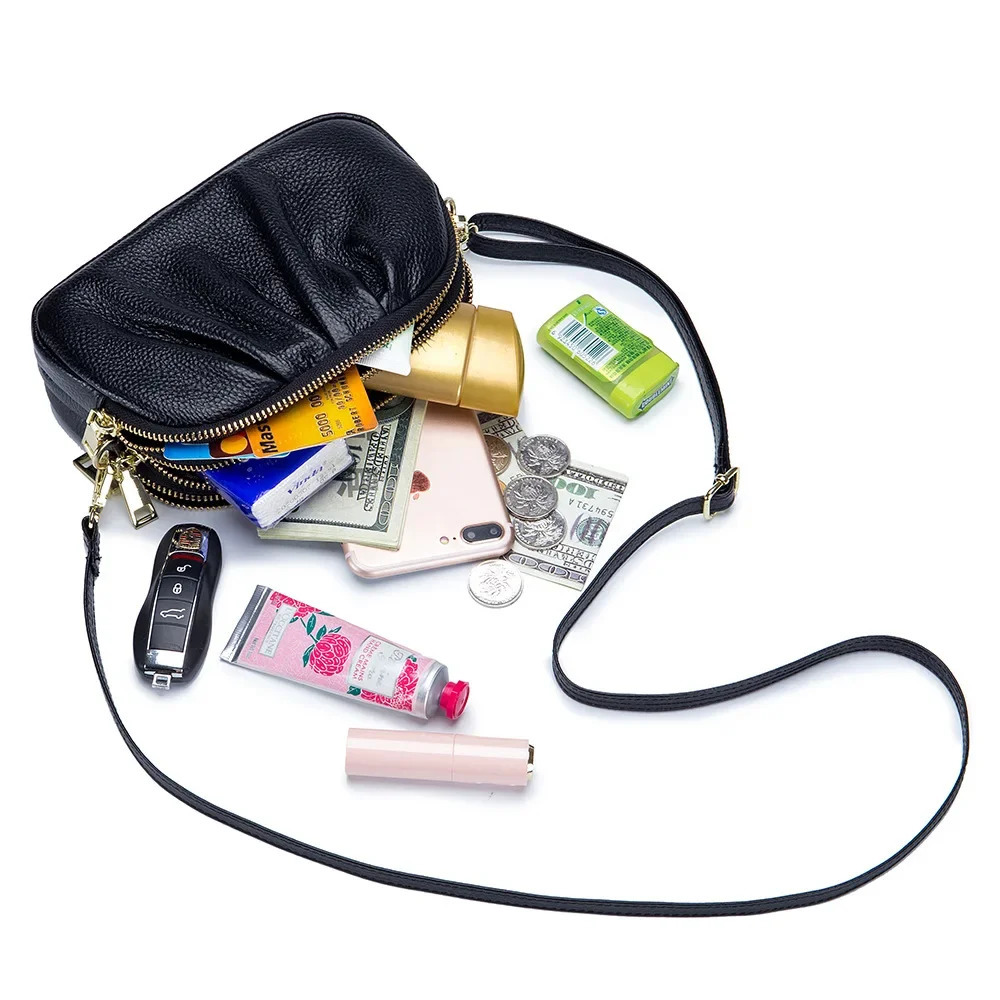 womens mobile phone wallet leather three-layer zipper shoulder messenger bag womens cloud bag daily handbag 241106