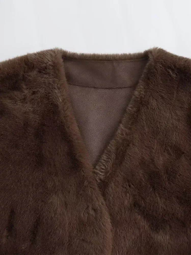 Winter Simulated Mink Velvet Lace Waist Fur Coat V-neck Temperature Friendly Womens Fur Coat 241107