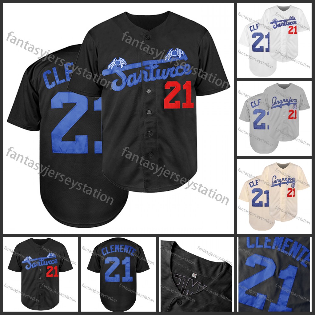 Men's #21 Black Embroidered Baseball Jersey CLEMENTE Polyester Top, V-Neck, Knit Fabric, Loose Fit, Sports Style for Training, Team Sports, Party