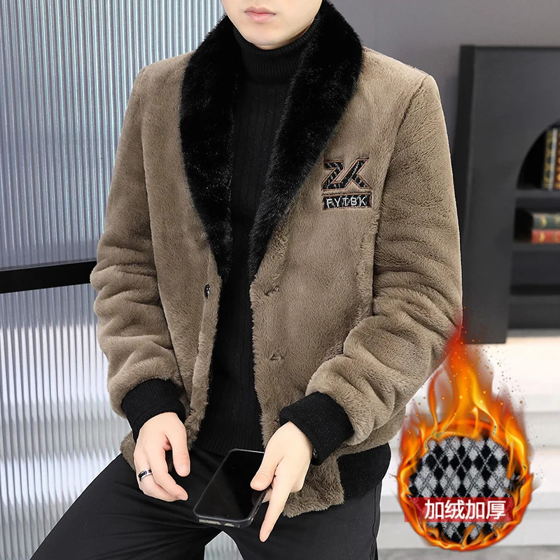 Simulated mink fur integrated leather wool jacket winter thick and warm short sleeved coat casual business social windproof 241107