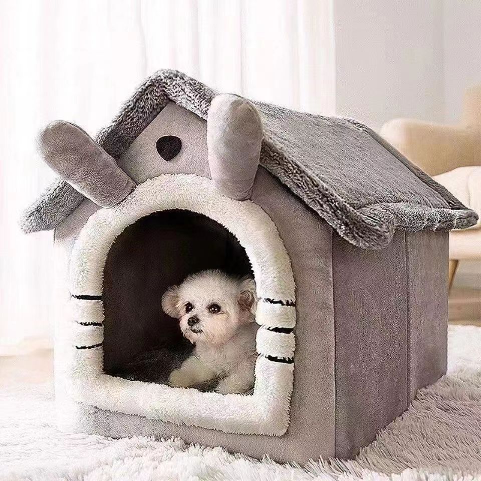 House Soft Pet Bed Tent Indoor Enclosed Warm Plush Sleeping Nest Basket with Removable Cushion Travel Dog Accessory