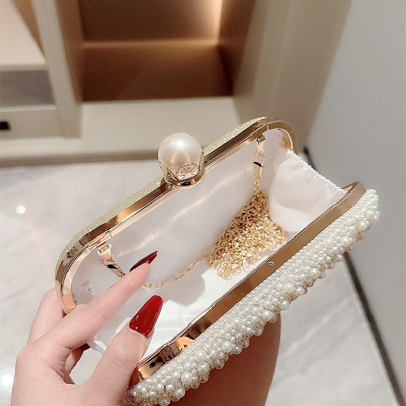 Women Elegant Beaded Pearl Handbag Bridal Wedding Party Clutch Prom Evening Bag with Detachable Chain Crossbody Shoulder Bag