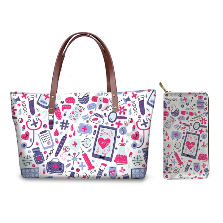 Cartoon Medical Tools Design Ladies Hand Bags New Fashion Cute Caual Handbags Purses Set Large Capacity Beachbags For Custom