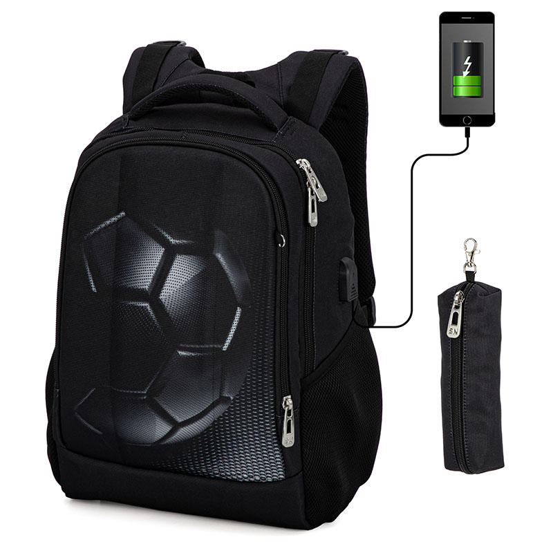 Boys Black Football Backpacks Orthopedic Primary School Student Children Book Bags USB Charge Multifunctional Bagpack 40x30x17cm