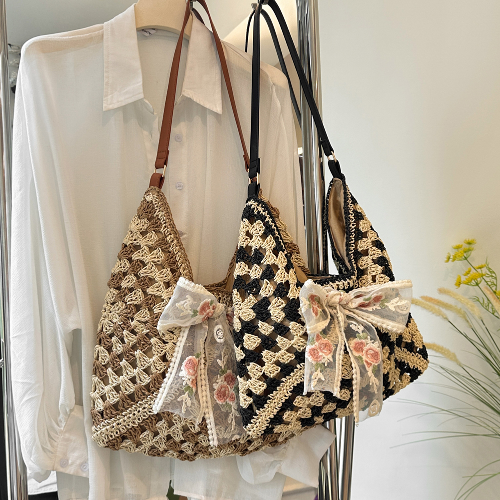 Women Straw Woven Tote Bag Simple Shopping Bag Large Capacity Summer Crochet Shoulder Bag with Bow Patchwork for Outdoor Travel