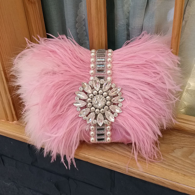 New fashion rhinestone evening bag ostrich feather bag diagonal shoulder chain