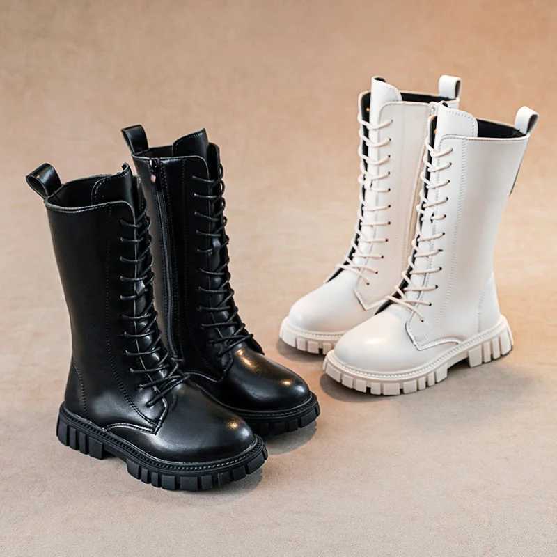 Autumn/Winter ZIP Fashion Cool Baby Girls Warm Square Heel Round Toe Casual Lace-Up Comfortable Kids Black Mid BootsXJ241206