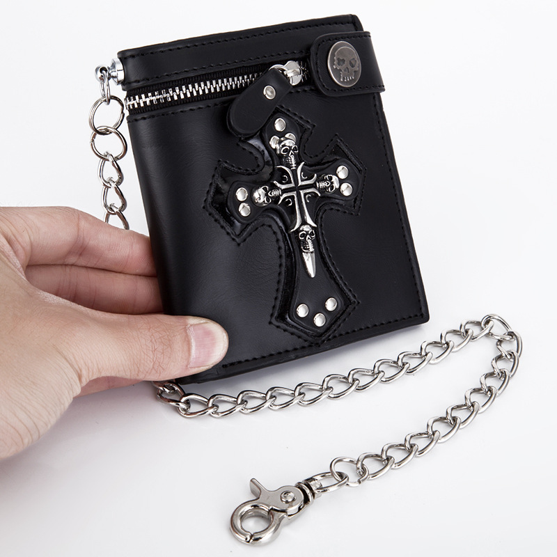 Fashion Cool PU Leather Punk Gothic Skull Cross Clutch Purse Wallets With Chain For Women Men