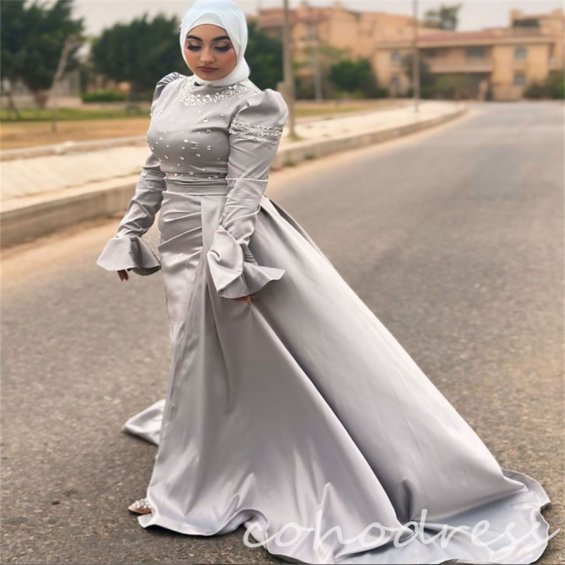 Gorgeous Silver Muslim Evening Dresses With Overskirt Train Islamic Middle East Arabic Dubai Prom Dress With Crystal Beaded Mermaid Birthday Dress Lon
