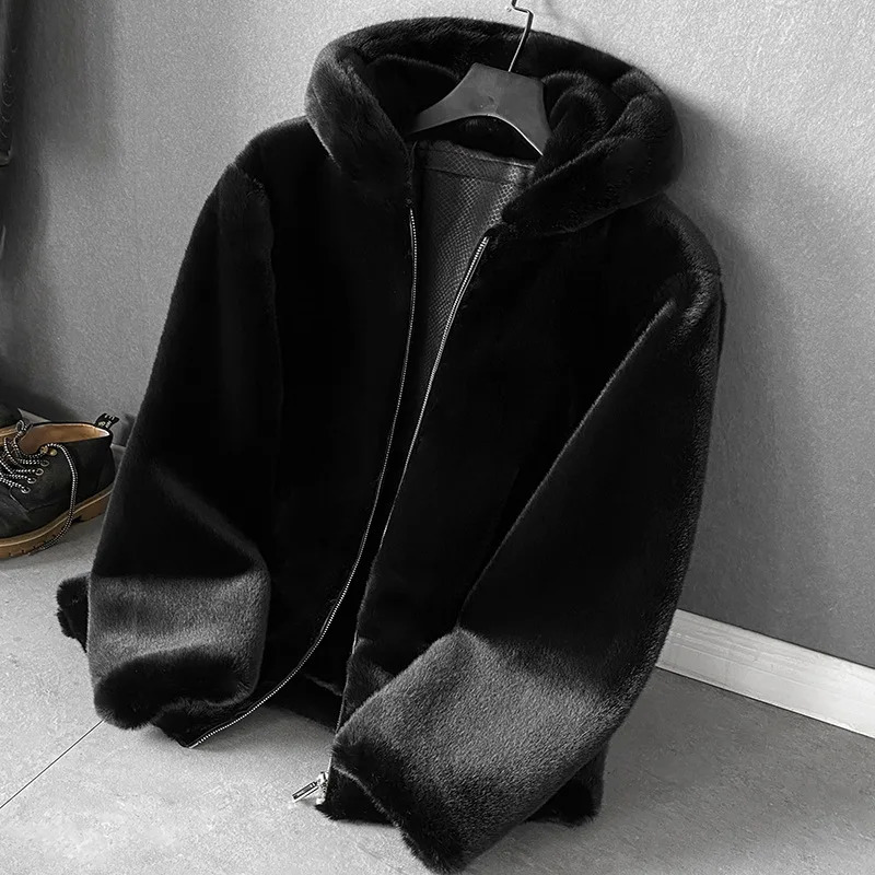 Mens faux fur collar hooded jacket Mens faux mink fur coat Winter snow windproof long sleeved zipper top Large size 5xl 6XL 241107