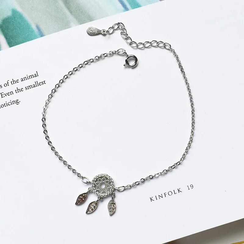 Korean style S925 silver ankle dreamy catcher elegant leaf decoration and full diamond diamonds 241107