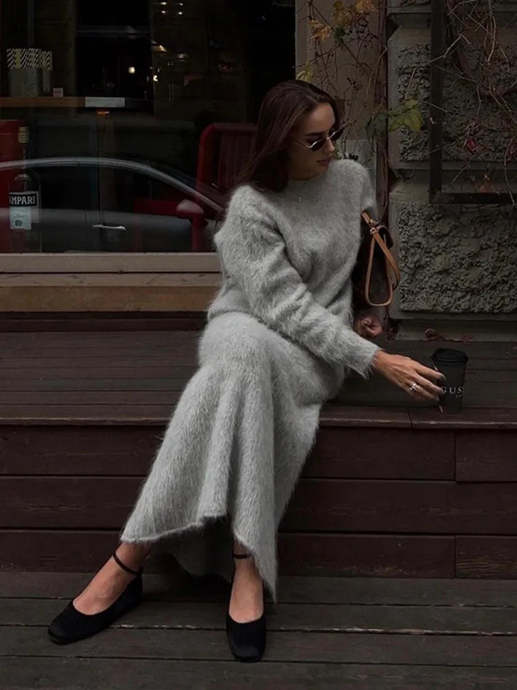 Women Elegant Solid Mohair Skirt Outfits Autumn Knit O Neck Pullover Sweater 2 Piece Sets Female Loose Long Skirts Fashion Suits 241107