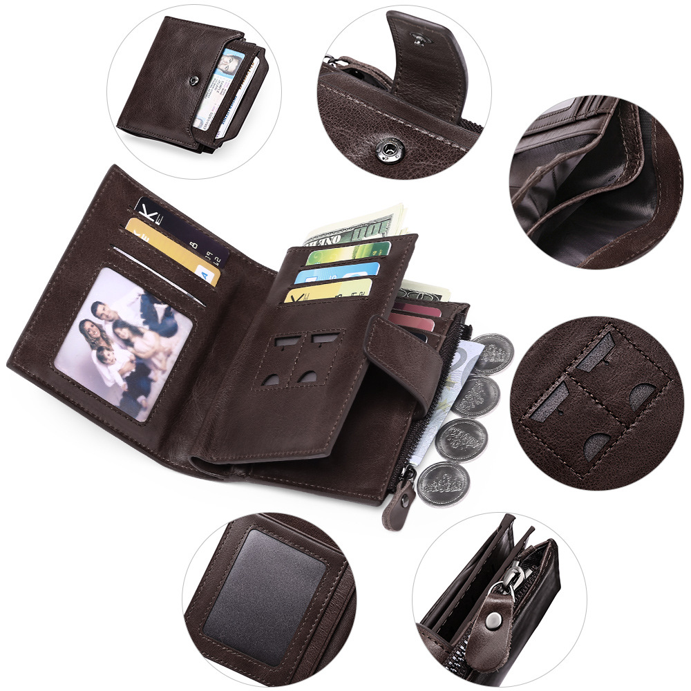 Classic Men's Vintage Genuine Leather Wallet Top Cowhide RFID Zipper Coin Purse Credit Card Holder for Men