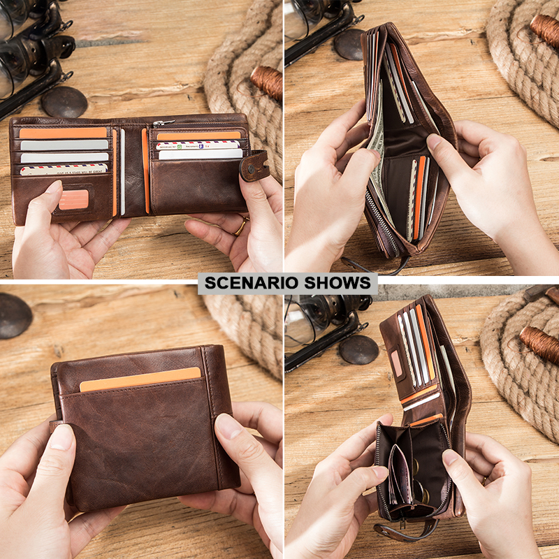 CONTACT'S Genuine Leather Wallets for Men Short Bifold Casual Men Wallets RFID Card Holder Coin Purses Money Clip Men's Wallet