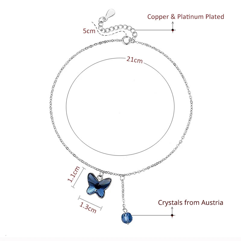 Cute silver foot jewelry ankle simple bead butterfly bracelet from Austria womens ankle primitive crystal 241107