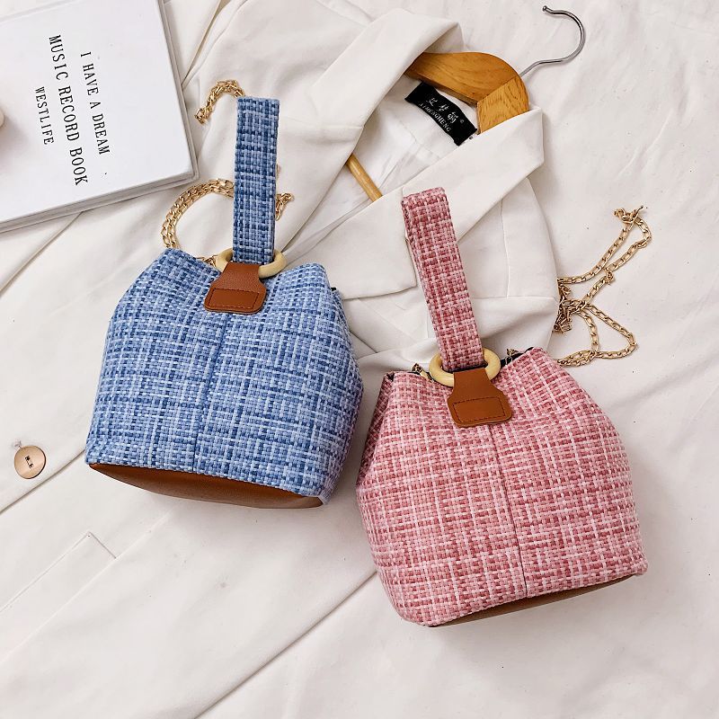 Female Bag 2021 Popular Summer Style Cylindrical Bag Casual Woven One-shoulder Bucket Bag Portable Ins Chain Messenger Bag