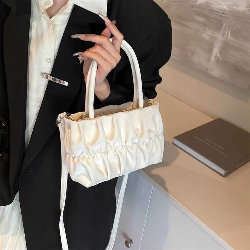 Fashion Womens Folding Cloud Arm Bag Clutch Bag White Pink Shoulder Bag Womens Messenger Bag Soft Pu Leather Strip Handbag 241106