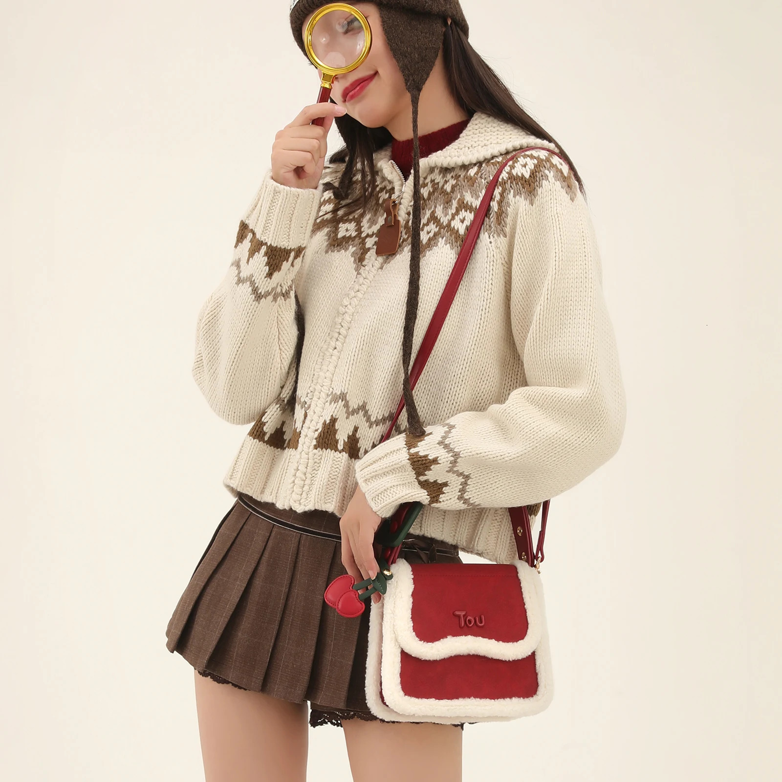Home>Products>Autumn>Winter Texture Christmas Atmosphere>Shoulder Bag>Plush Cherry Saddle Bag 241106