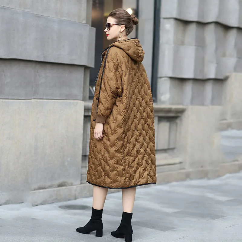 Womens Winter Embroidered Long Down Jacket Hoodie Brown Super Large Cap Puff Jacket Black 90% White Duck Down Jacket 241107