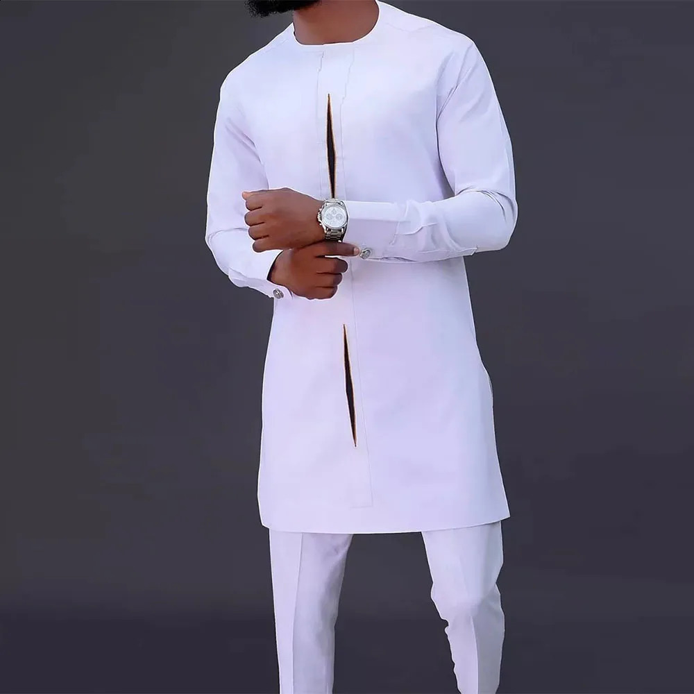 2024 Summer Mens Suit African Ethnic Casual Style 2-Piece Sets Printed Long Sleeve Top Pants Gentleman Fashion Clothes Outfits 240326