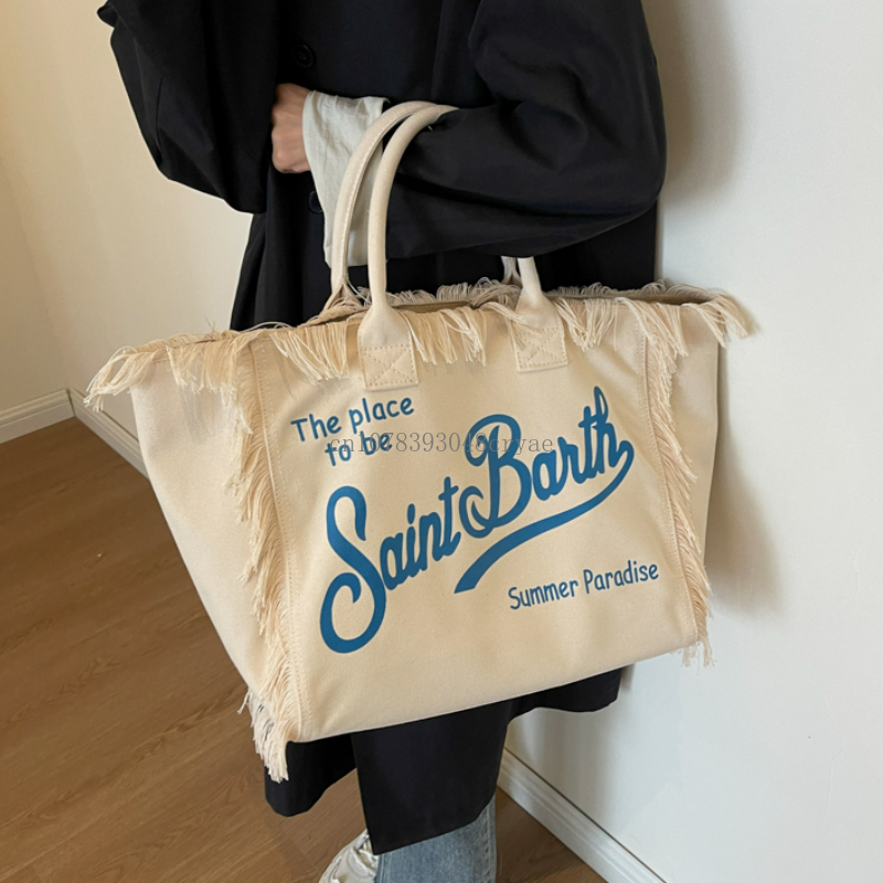 New Women Letter Printed Tassel Shoulder Bag Canvas Large Capacity Tote Bags Korean Fashion Commuter Shopper Travel Beach Bag