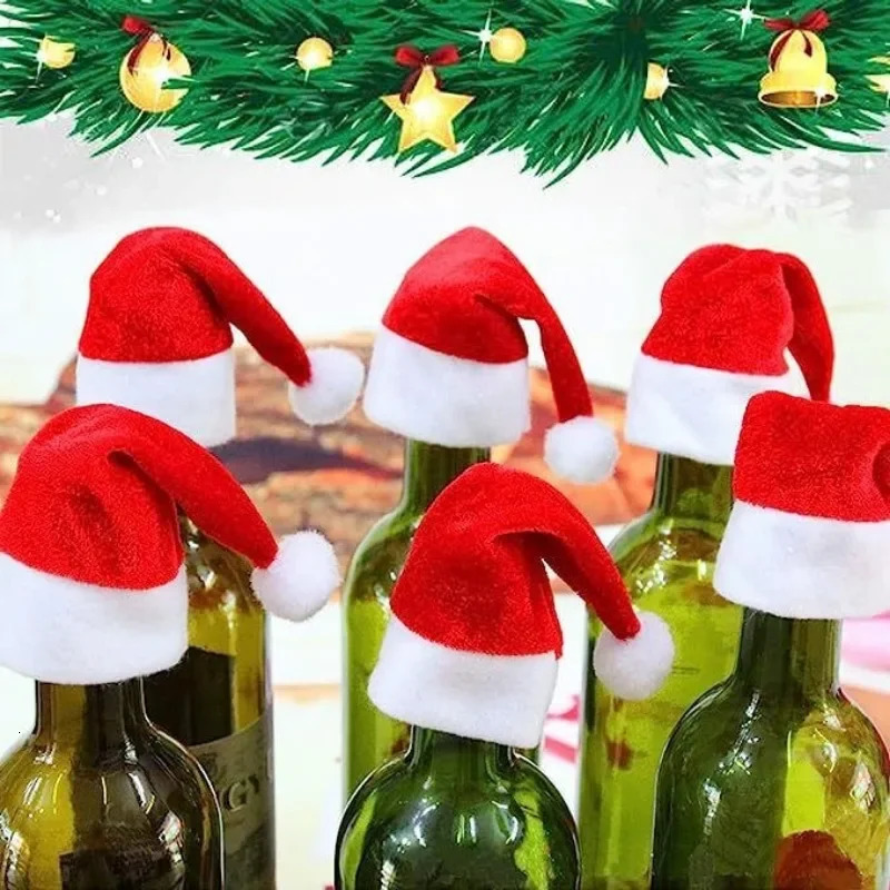Mini wine bottle cap Santa Claus hat lollipop hat fork knife bag Christmas cutlery holder for home Christmas party decoration 241106