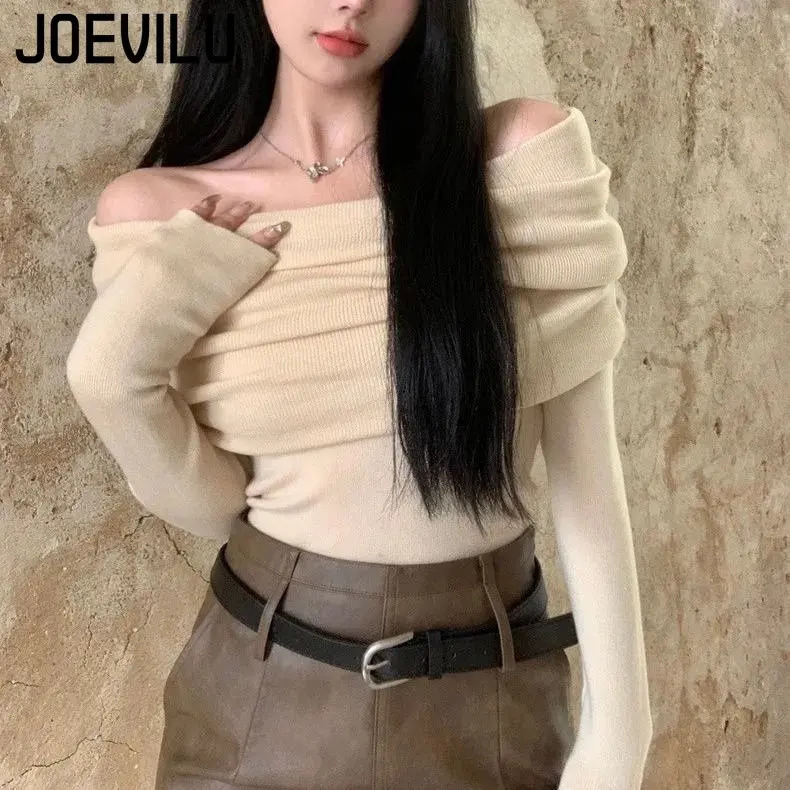 Off Shoulder Knitwear Jumper Korean Fashion Long Sleeve Top Ladies Chic Sweater Women Spring Sexy Skinny Bottoming Shirt 241107