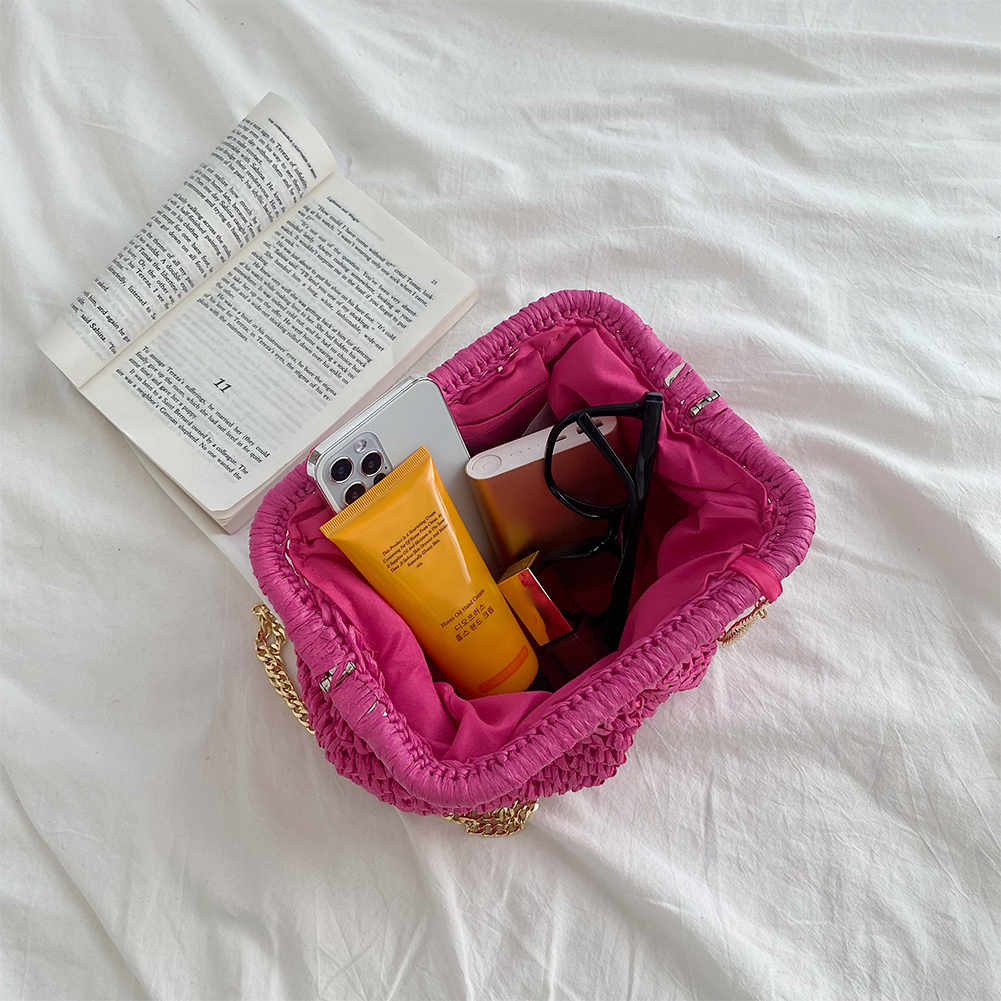 Women Straw Crossbody Bag Large Capacity Weaving Shoulder Bag Solid Color Woven Dumpling Pouch Chain Strap for Summer Vacation