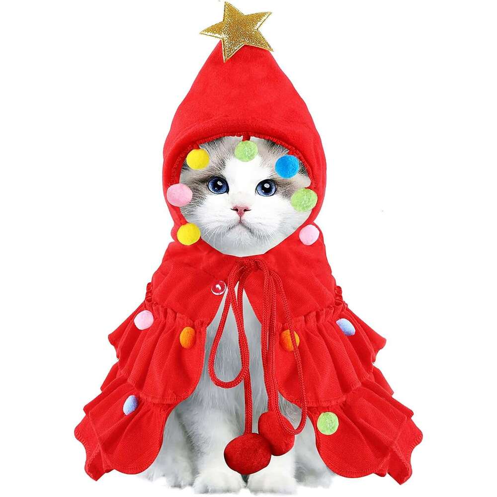 Vellibring Cat Christmas Outfit Red Cloak Hat with Star and Pompoms Puppy Cape Clothes Xmas Tree Elf Costumes Party Supplies Accessories for Small Dog
