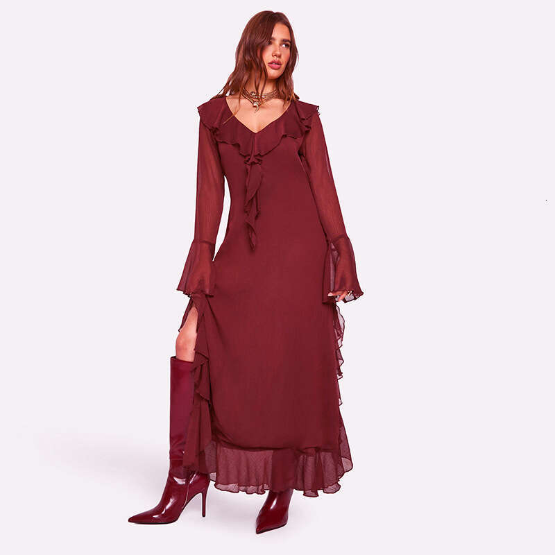 Talenza Ruffled Mesh Women's Red V-Neck Long Sleeve Elegant Maxi Skirt High Waist Vintage Patchwork Robe Party Dress