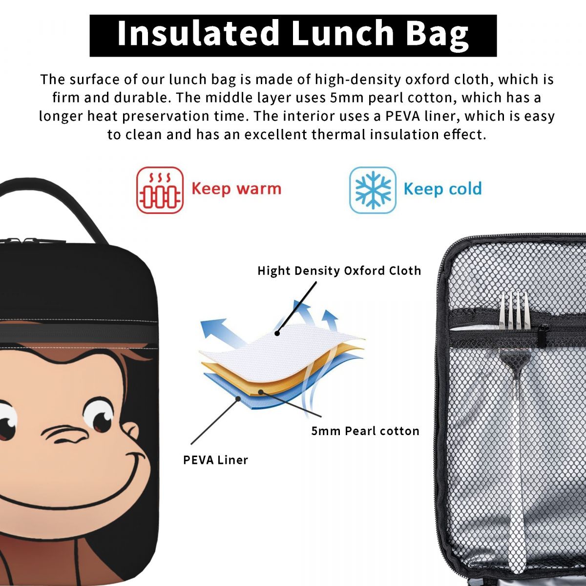 Curious George Books Thermal Insulated Lunch Bags Women Brown Monkey Portable Lunch Tote for School Outdoor Storage Food Box