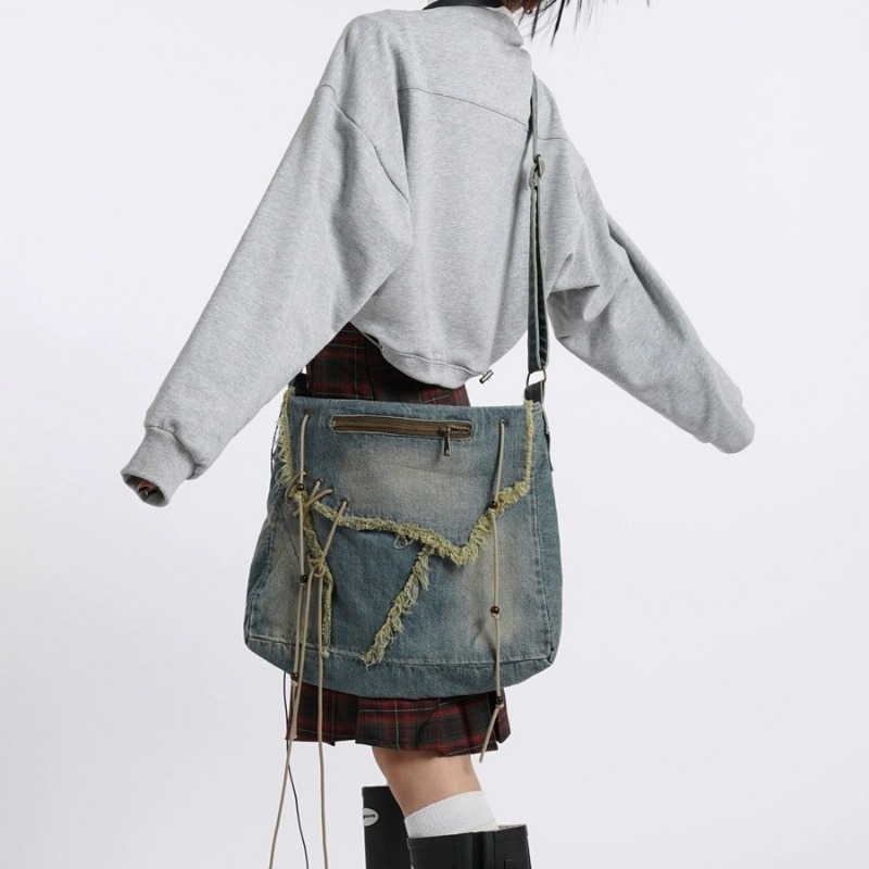 MBTI Y2k Vintage Womens Shoulder Bag Washed Denim Raw Edge Large Capacity Messenger Bag Hot Girls New Fashion Designer Handbag