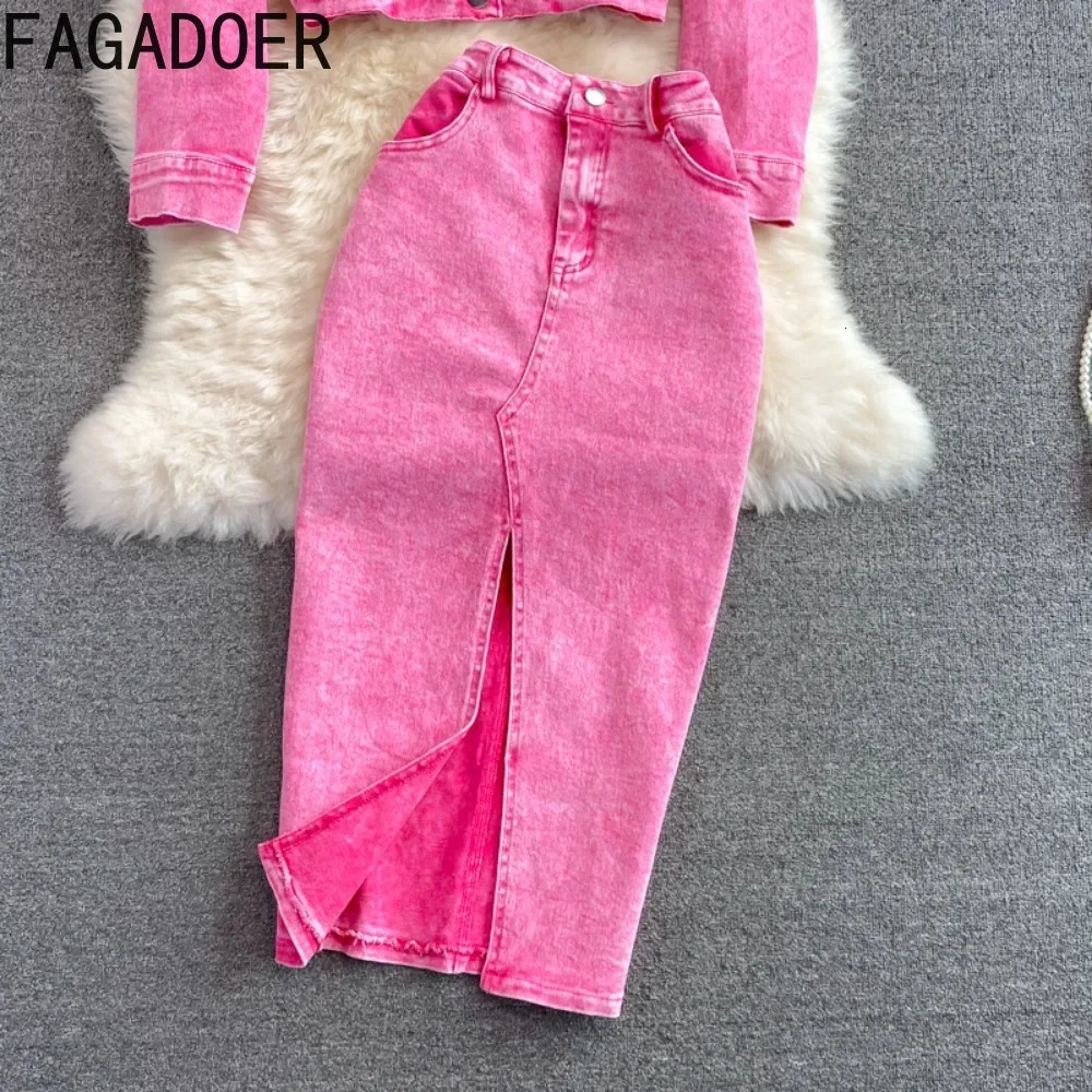 FAGADOER Pink Denim 2 Piece Sets Women Outfit Fashion Lapel Buttons Crop Jacket and High Waist Denim Skirt Suits Y2K Streetwear 241107