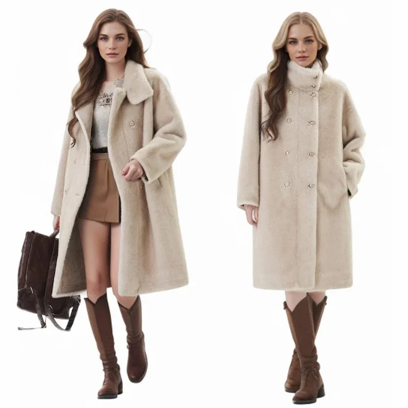 Winter artificial fur coat thickened and warm mink wool blend womens medium to long environmentally friendly womens fur coat 241107