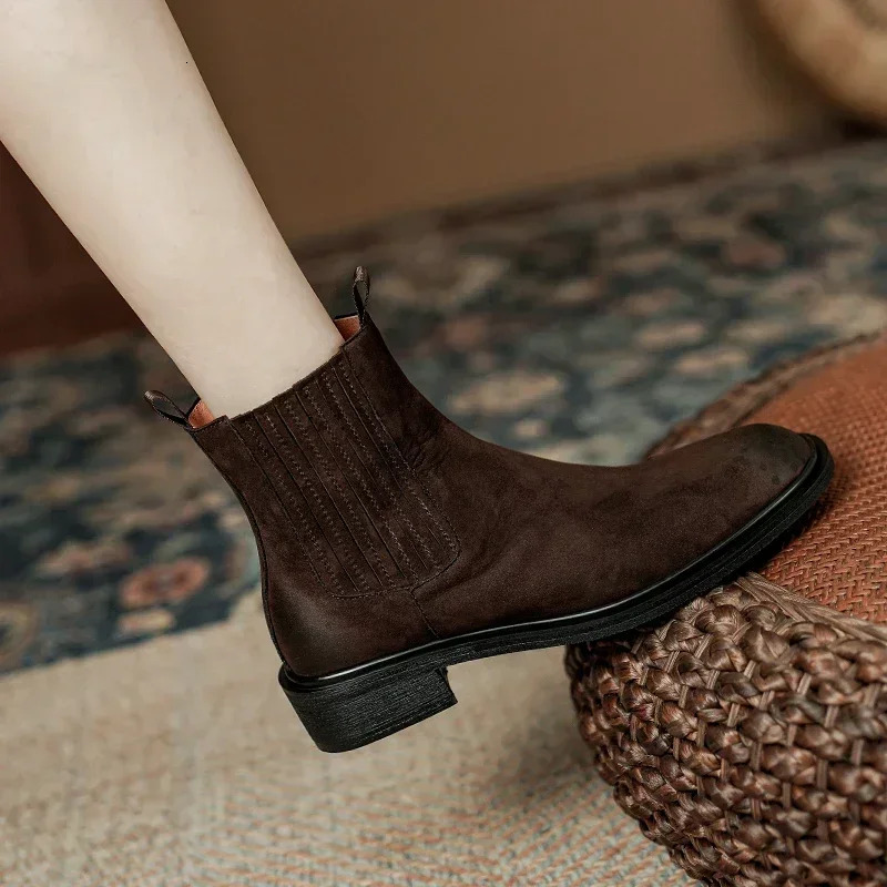 2024 New Autumn Brown Genuine Women Winter Retro Ankle Boots Leather Ladies Shoes