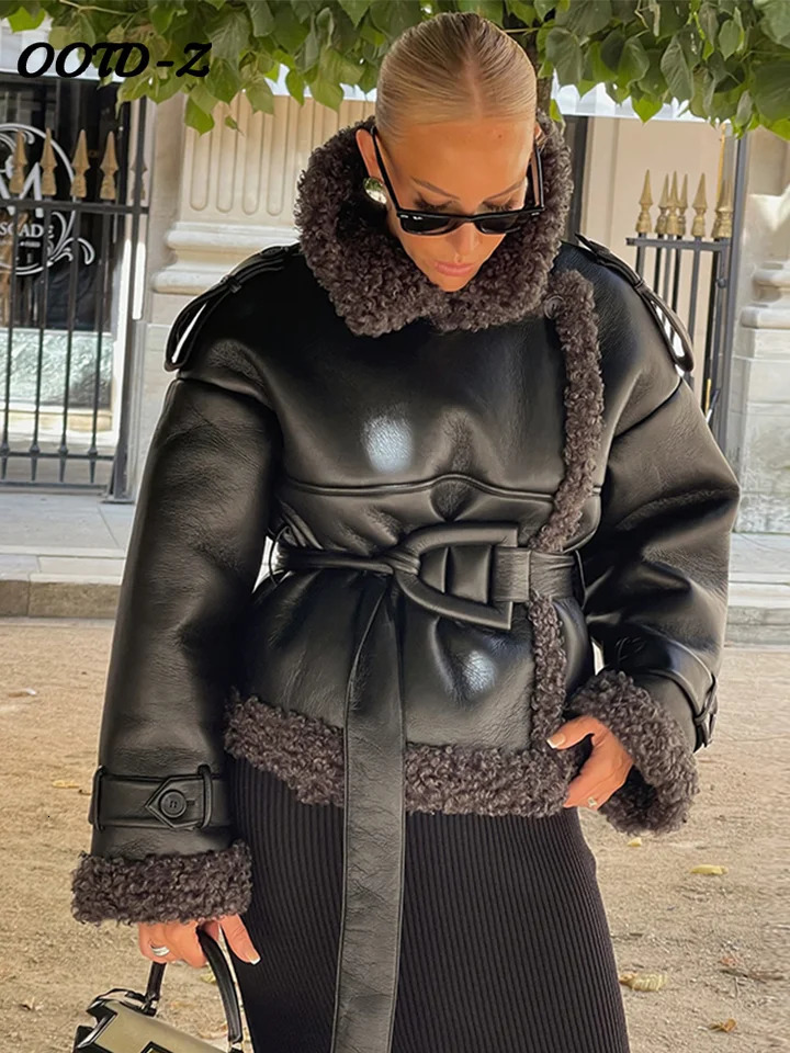 Pu leather womens jacket patch work with stand collar solid womens coat autumn winter high street thick womens coat 241107