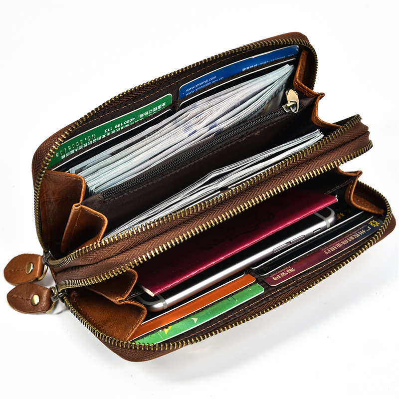 Men's Bag Crazy Horse Skin Long Purse Leather Zipper Purse Double Layer Cowhide Clutch Bag Retro Casual Clutch Bag