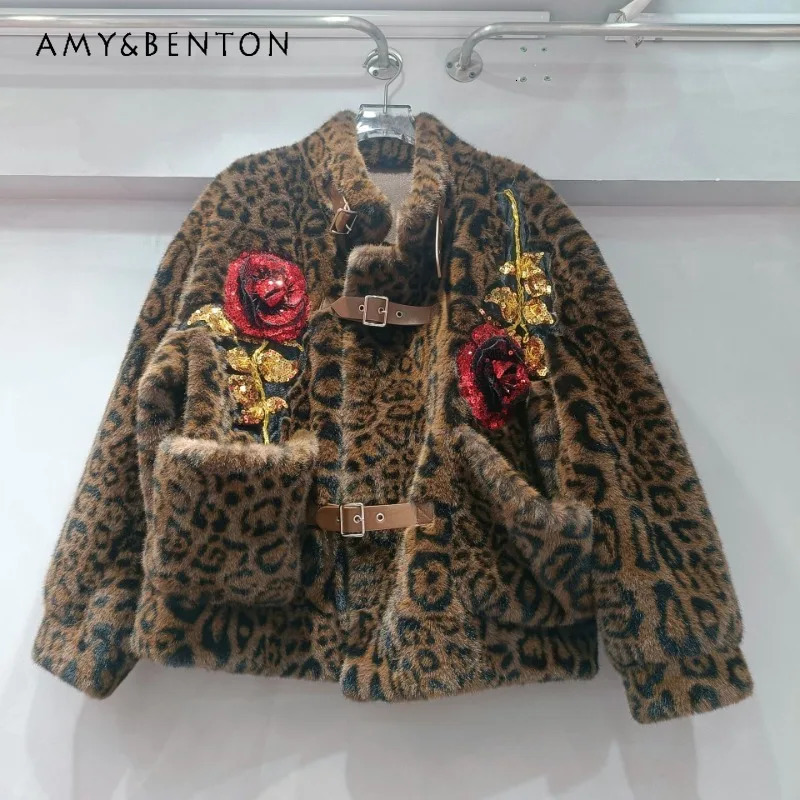 Winter Artificial Fur Integrated Jacket Womens Short sleeved Stand up Collar Leopard Pattern Eco friendly Mink Coat 241107